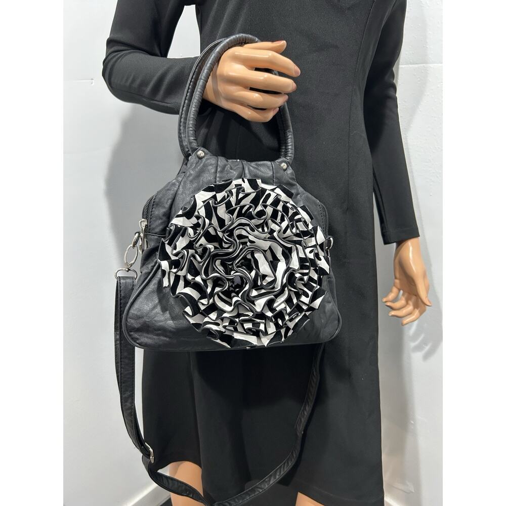 Unbranded So Cute Black Leather With Zebra Print Big Flower Cross Body Strap